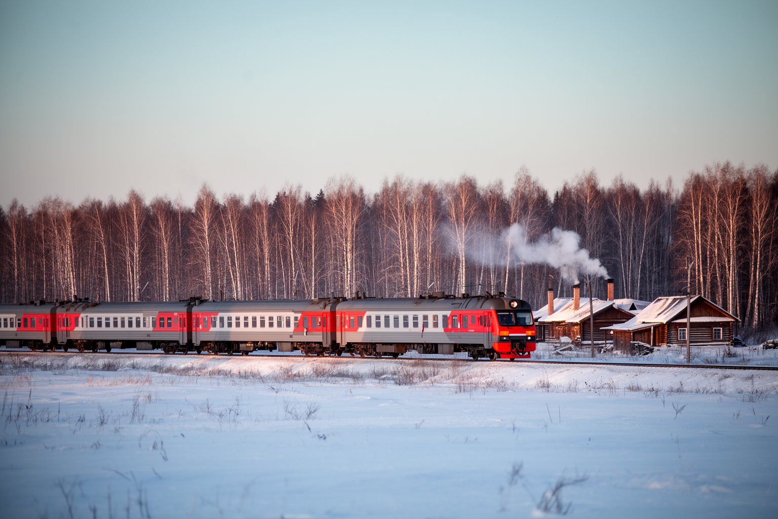 Riding the Rails: Unforgettable Train Journeys Around the World Long-distance train crossing a snowy birch forest in Siberia on the Trans-Siberian route