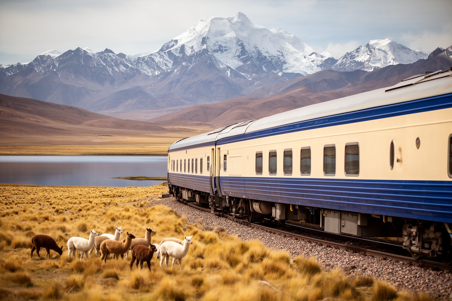 Riding the Rails: Unforgettable Train Journeys Around the World Luxury sleeper train crossing the high Andean altiplano of Peru with snowy peaks behind