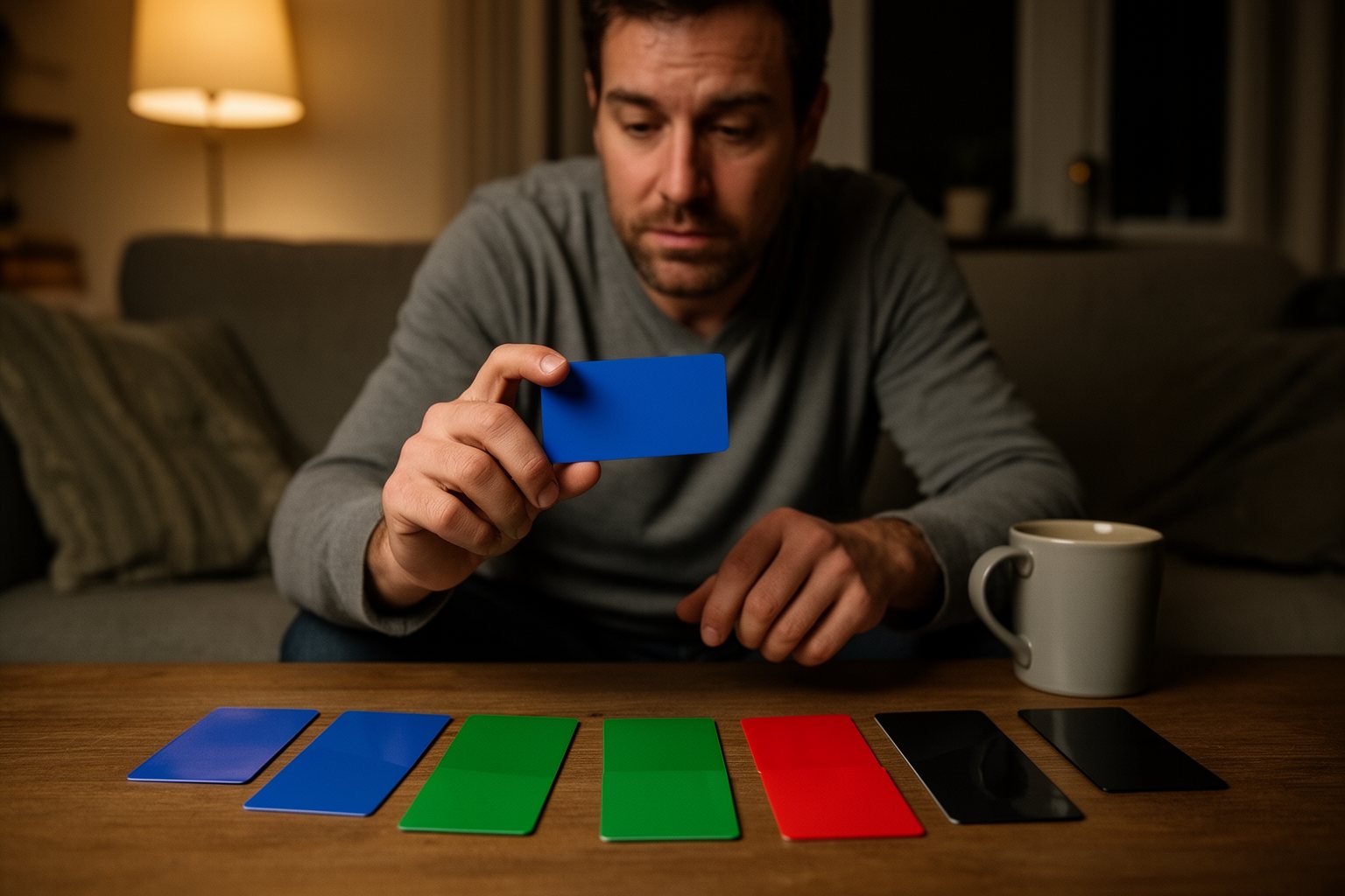 Man on a sofa sorting his loyalty cards at home