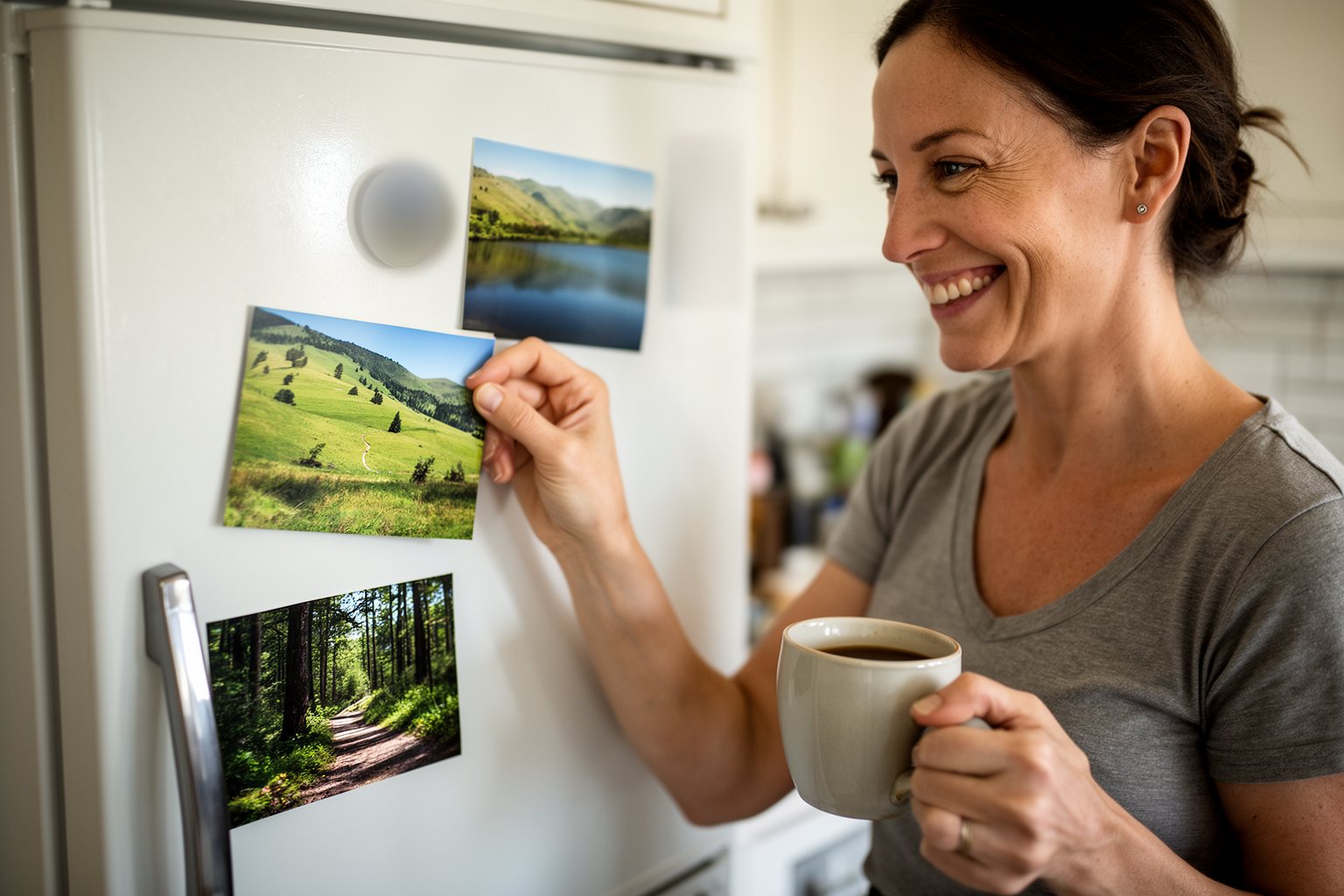 Person pinning staycation idea postcards to the fridge