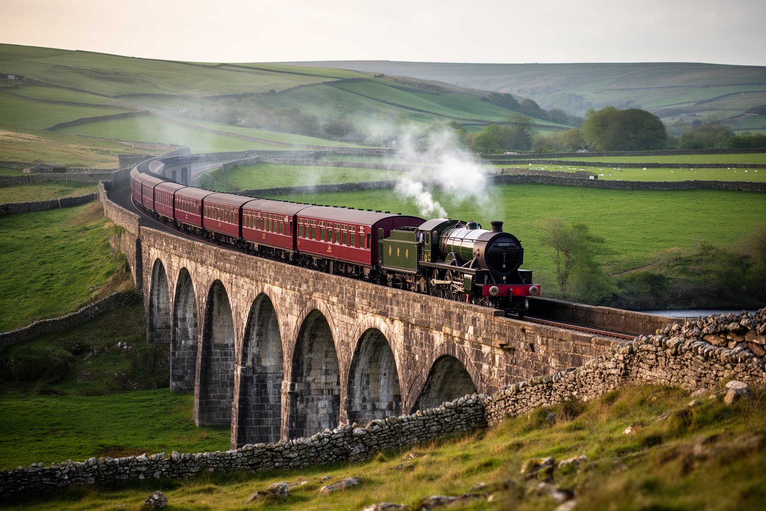 Riding the Rails: Unforgettable Train Journeys Around the World Passenger train crossing a curved stone viaduct through green hills
