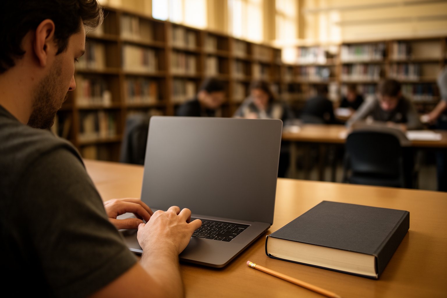Unleash Your Genius: Unlock the Secrets of AI and Machine Learning Today! Man studying machine learning basics at a library table with a laptop