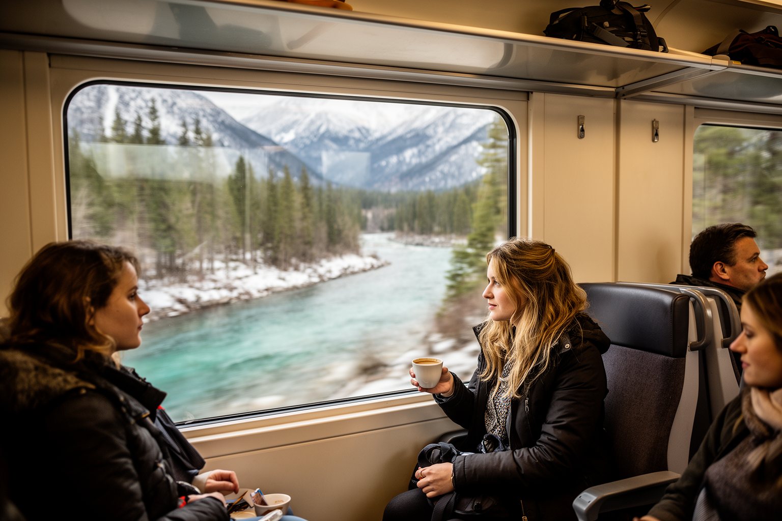 Riding the Rails: Unforgettable Train Journeys Around the World Passengers watching snowy mountains and a valley from the panoramic window of a scenic train