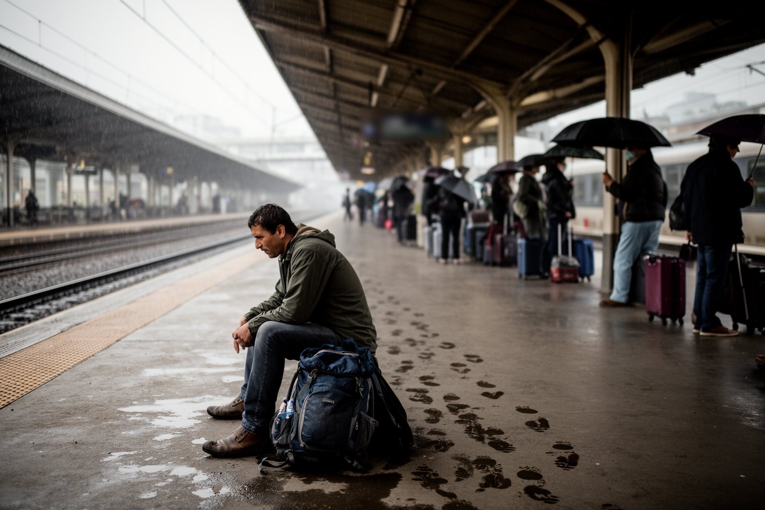 World Tour in 120 Days: A Life-Changing Adventure Tired traveler sitting on a backpack on a crowded platform during a rain delay