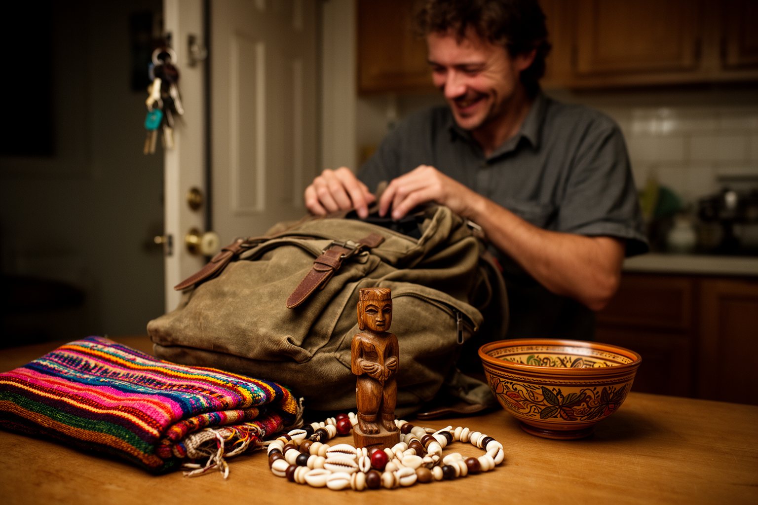World Tour in 120 Days: A Life-Changing Adventure Traveler back home unpacking souvenirs from a worn backpack on the kitchen table