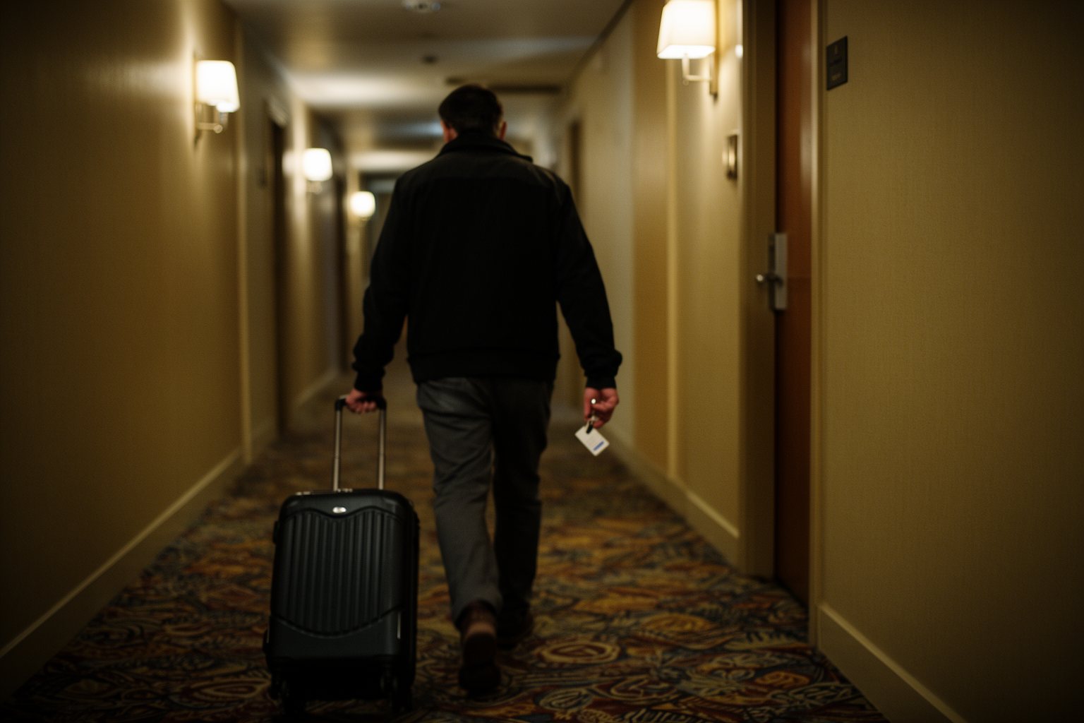 Traveler wheeling a suitcase down a hotel corridor with a key card in hand