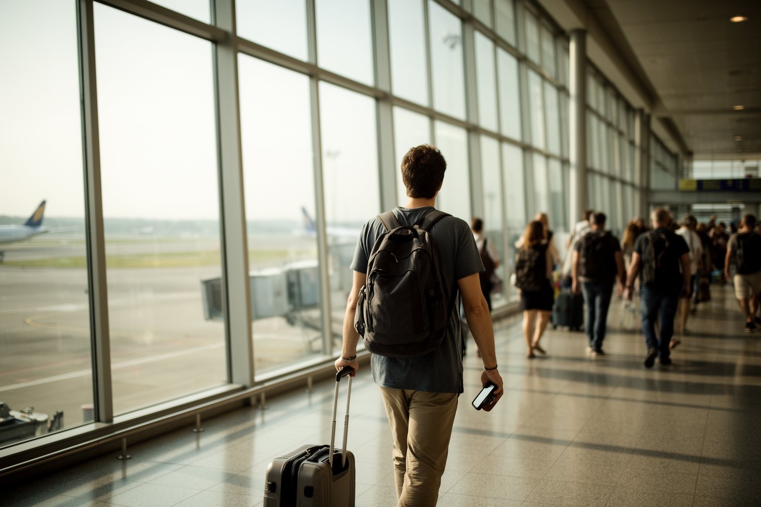Traveler walking through a bright airport terminal with a carry-on and phone