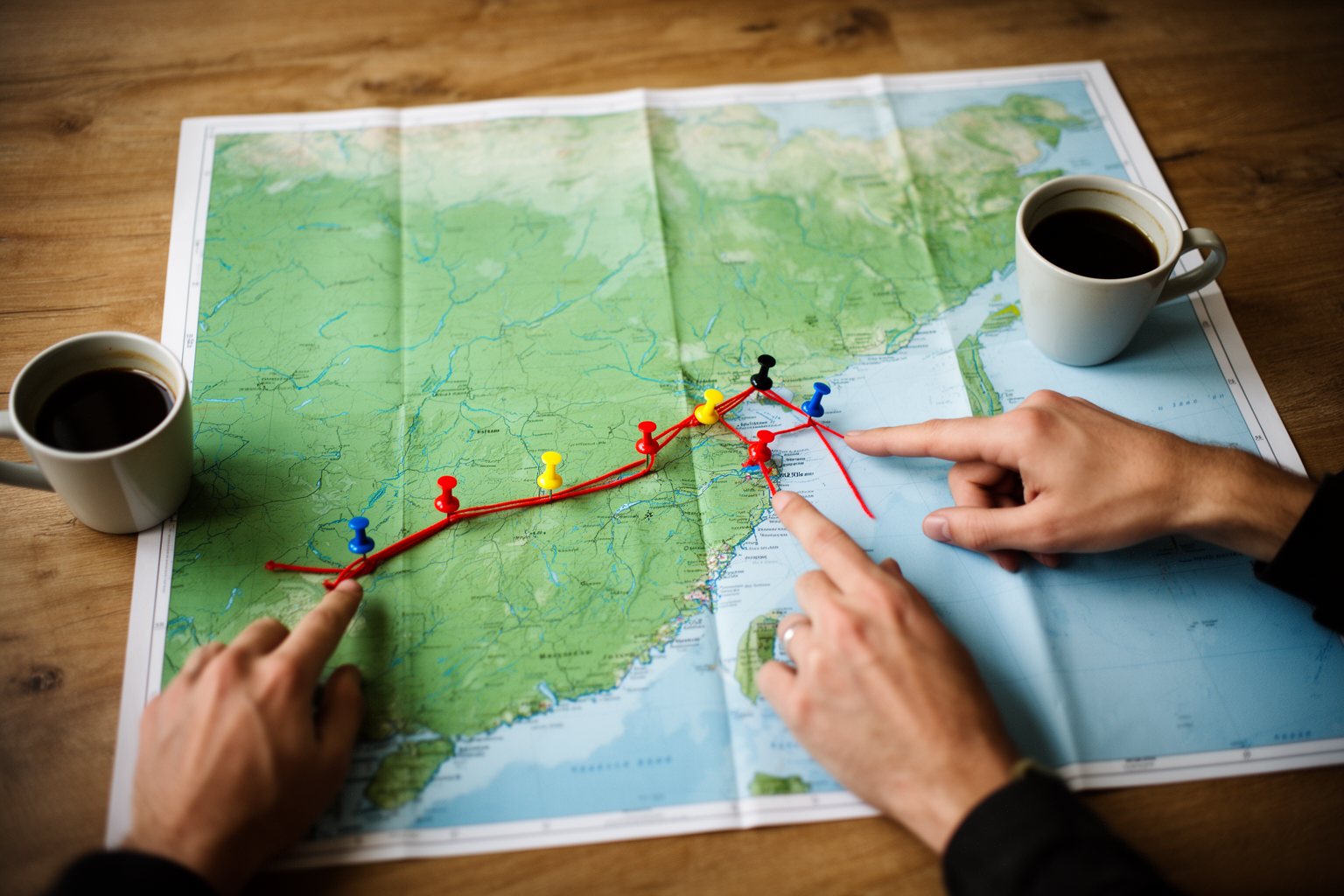 Two people planning a route on a paper map to make the most of reward points
