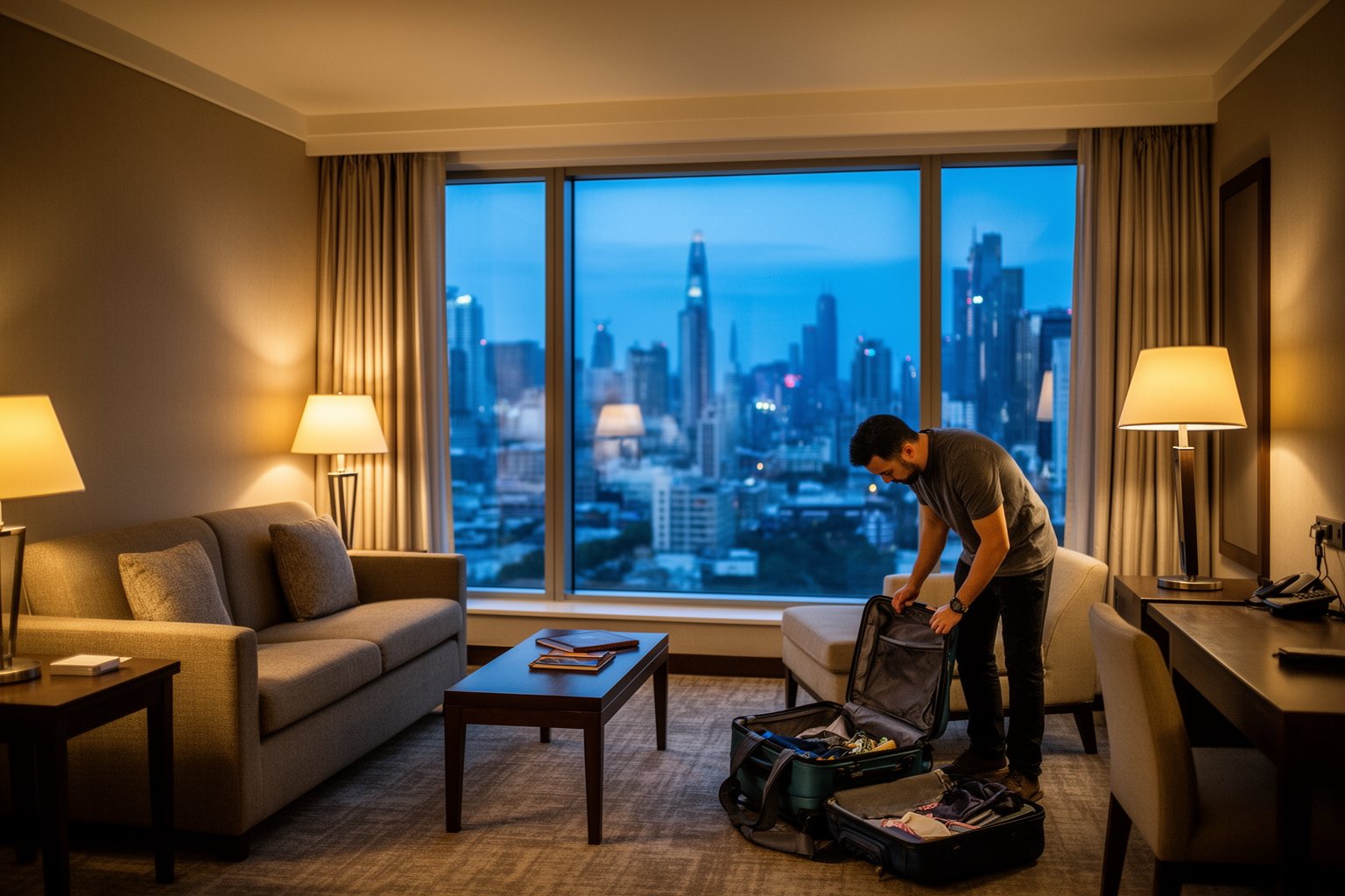 Guest unpacking in an upgraded hotel suite with a city skyline view, a hotel card perk