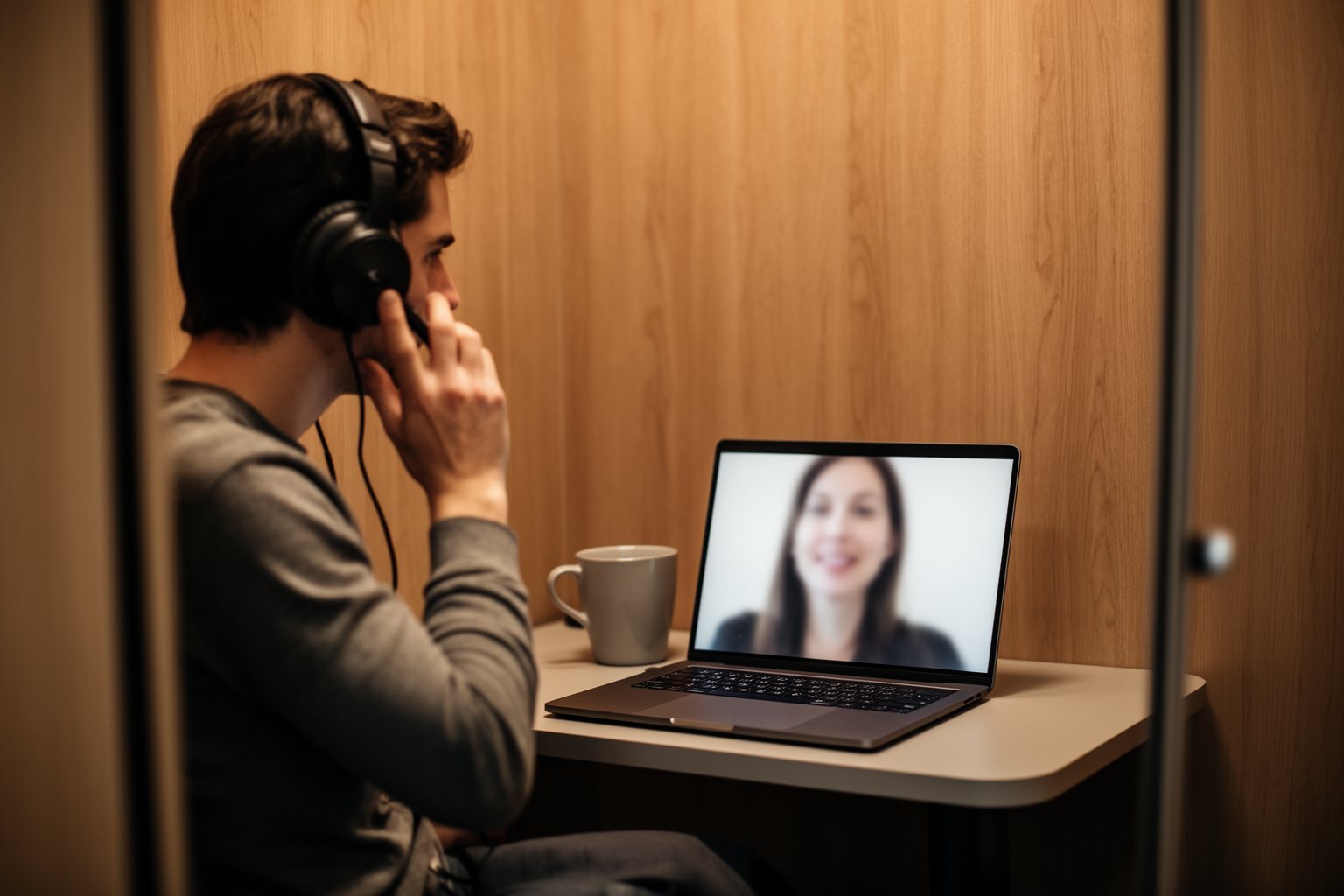 Unleash Your Freedom: The Ultimate Guide to Digital Nomadism Remote worker on a video call with headphones and a laptop in a quiet coworking booth