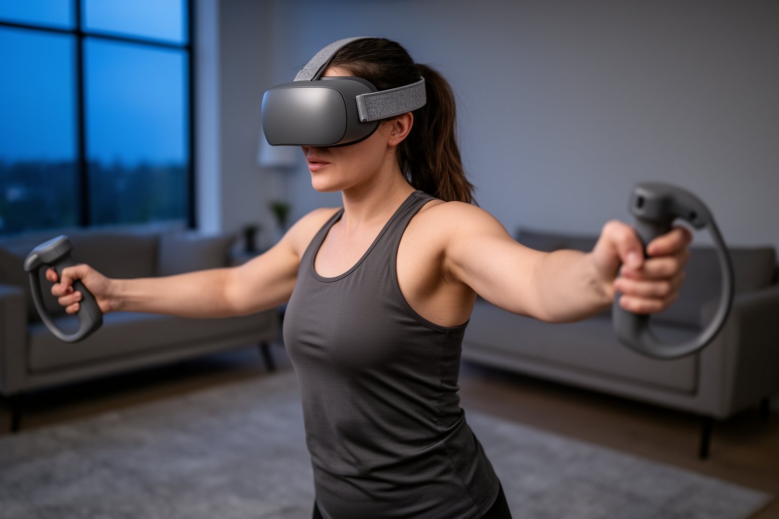 Woman wearing a VR headset for a fitness workout at home