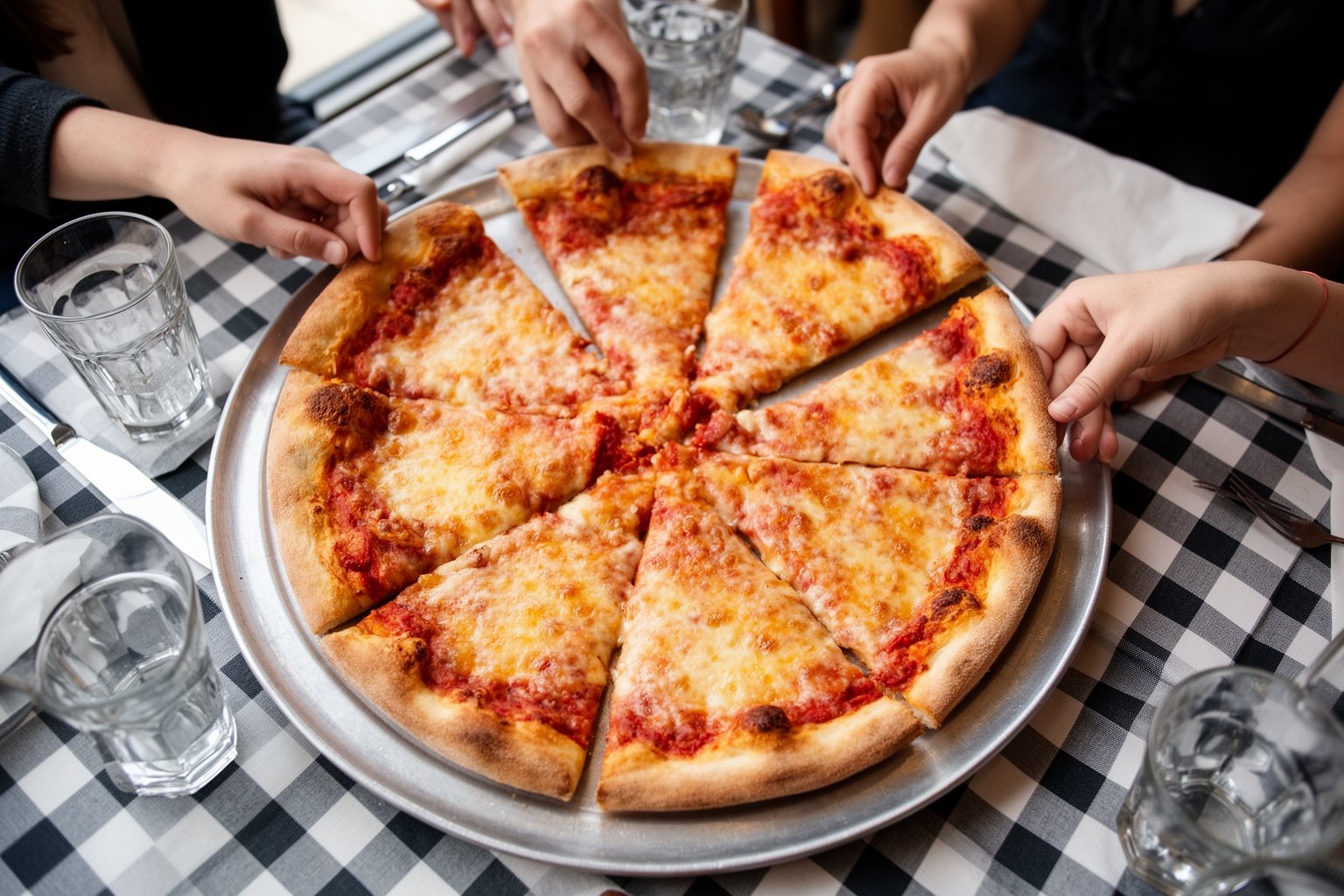 Whole round pizza cut into even slices as friends reach in to share