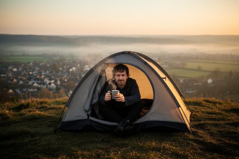 Everyday Microadventures: Escape the Ordinary Near Home Person waking in a small tent on a local hilltop at sunrise, one of many everyday microadventures