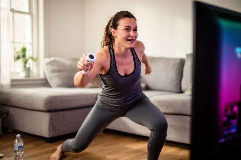 Video Games for Weight Loss: A Guide to Fitness Gaming Woman doing a lunge while playing a fitness game in her living room, video games for weight loss