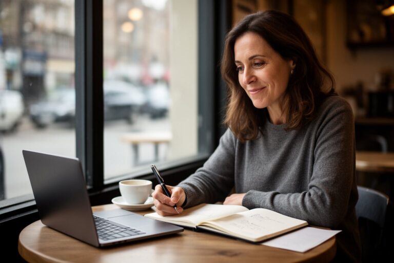 Career Reset After Being Fired: How to Bounce Back Woman planning a career reset after being fired, working at a café table with a laptop
