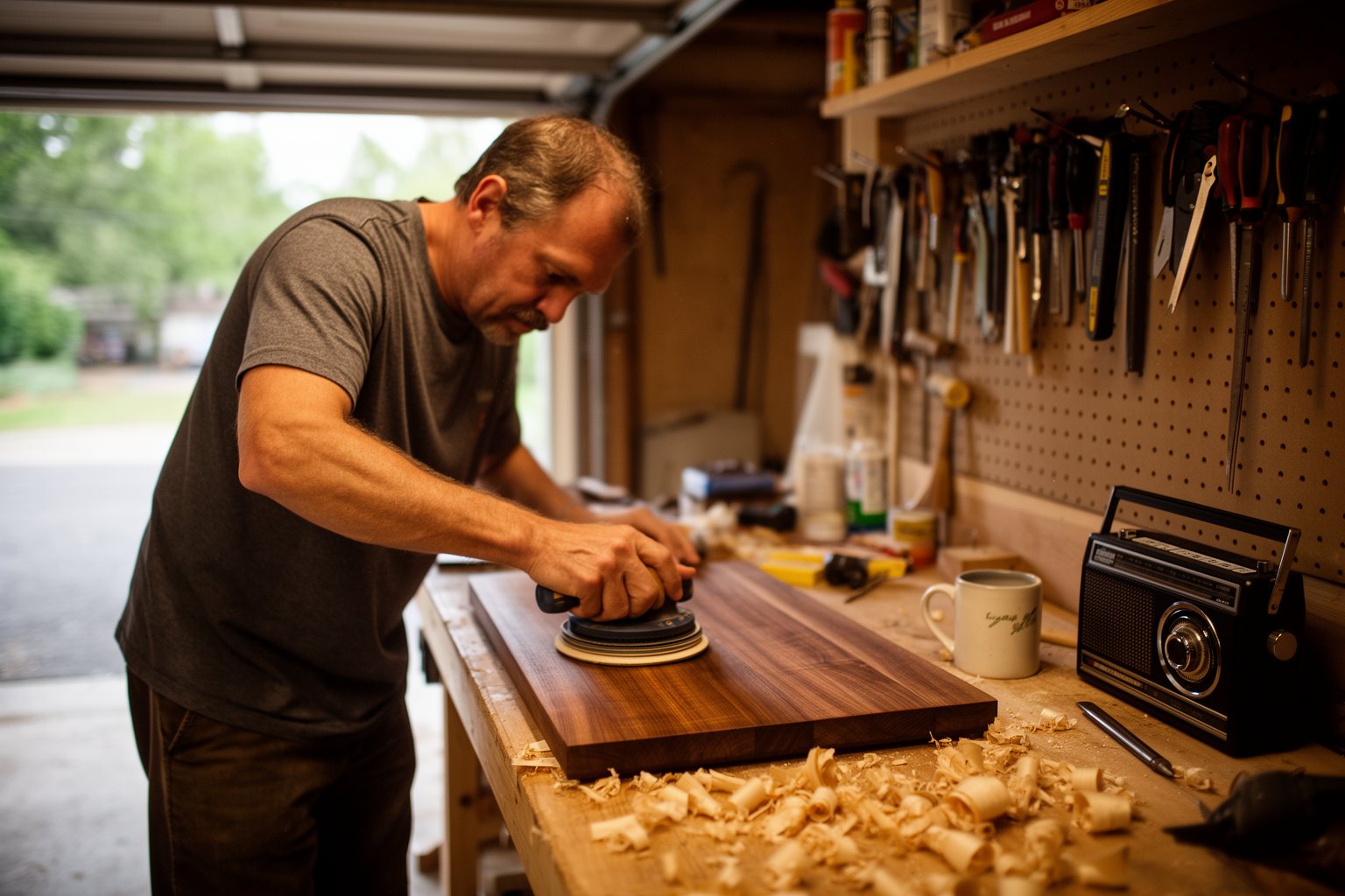 Hobby woodworker sanding a cutting board at a home garage workbench