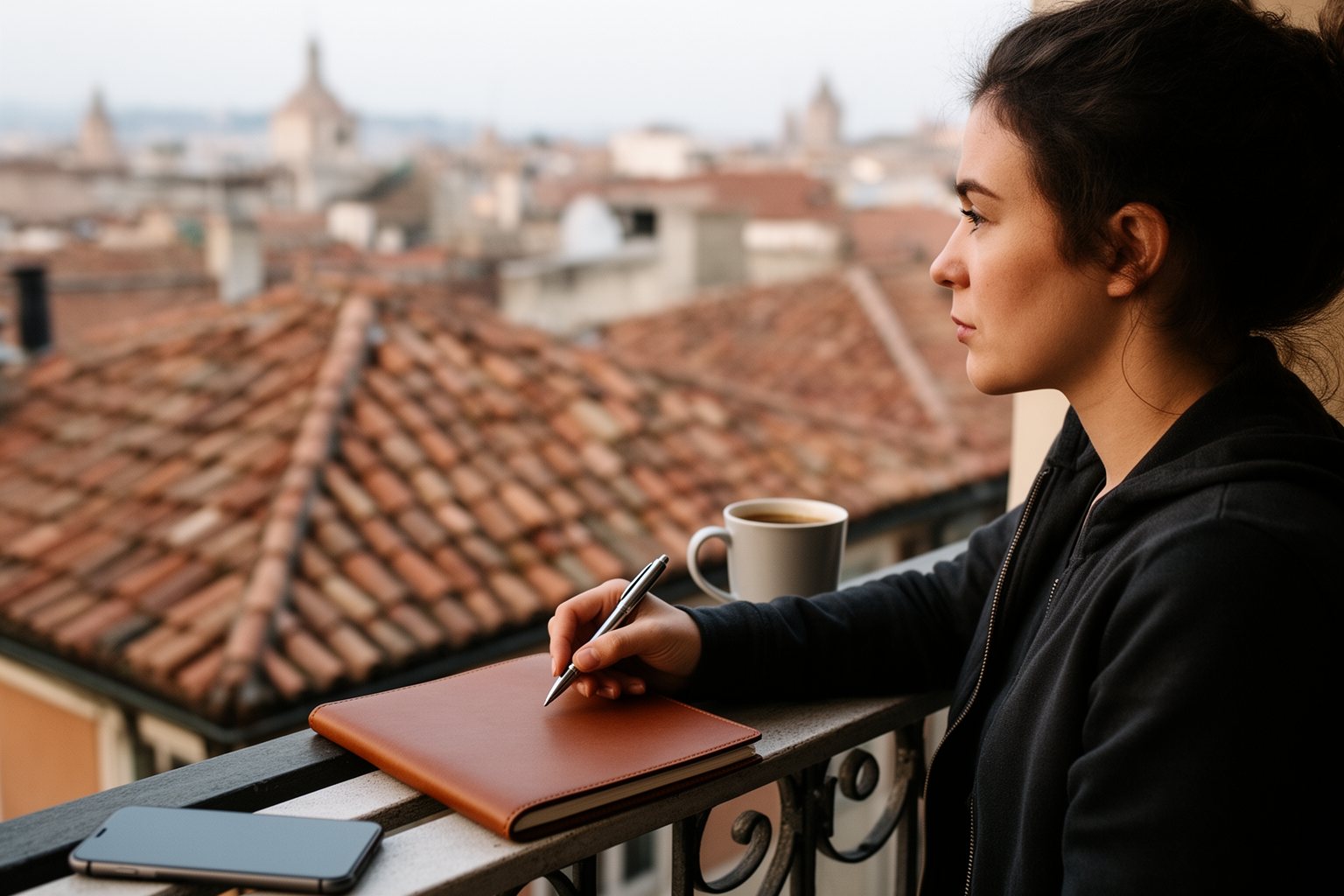 Digital nomad thinking through financial goals on a balcony overlooking a city