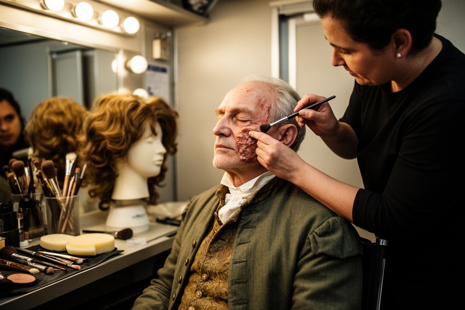 Behind The Scenes: The Shocking Truth About Blockbuster Movie Creation! Actor in costume in a makeup chair as an artist applies prosthetic makeup before a scene