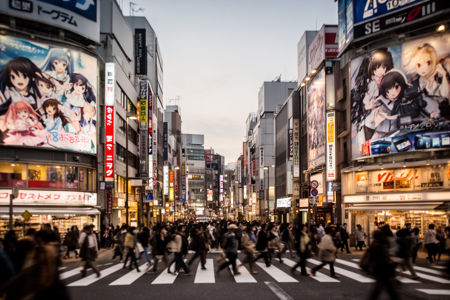Gaming Cafes in Tokyo: Akihabara and Hidden Gems Crowds crossing Akihabara's main street under anime billboards at dusk