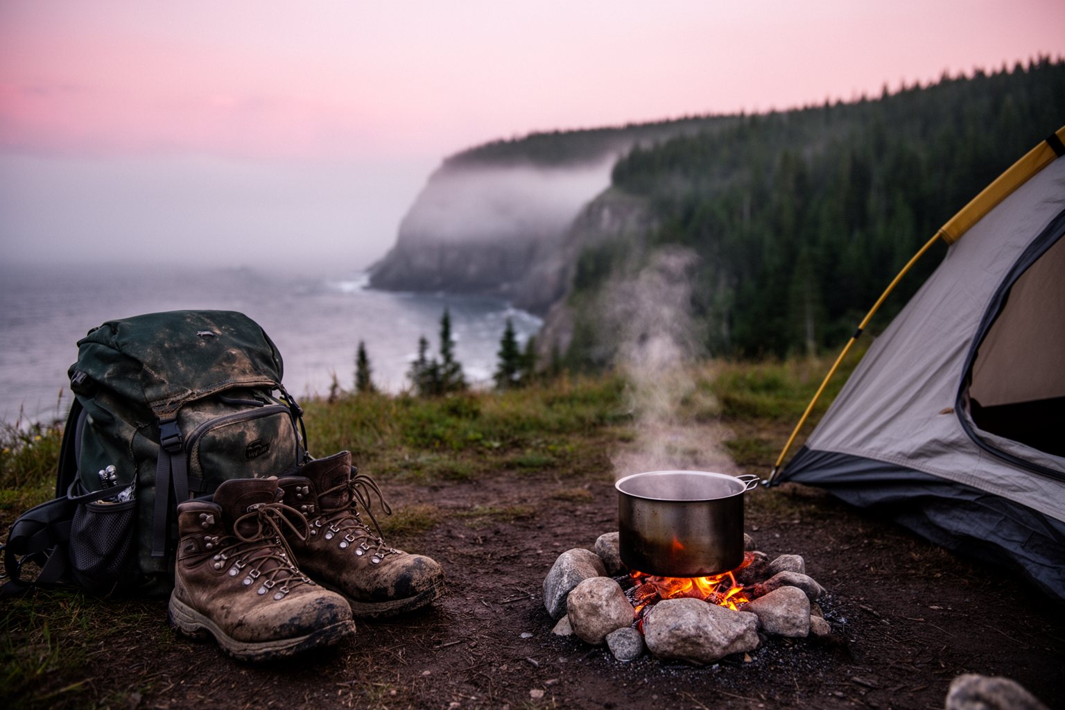 10 Budget-Friendly Backpacker Destinations to Explore Backpack and hiking boots beside a tent and campfire on a Cape Breton coastal campsite at dawn