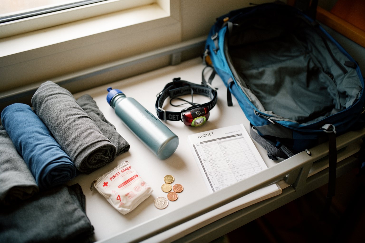 Budget Backpacking Trip: Plan, Pack and Pick a Destination Backpack essentials laid out on a hostel bed for a budget backpacking trip