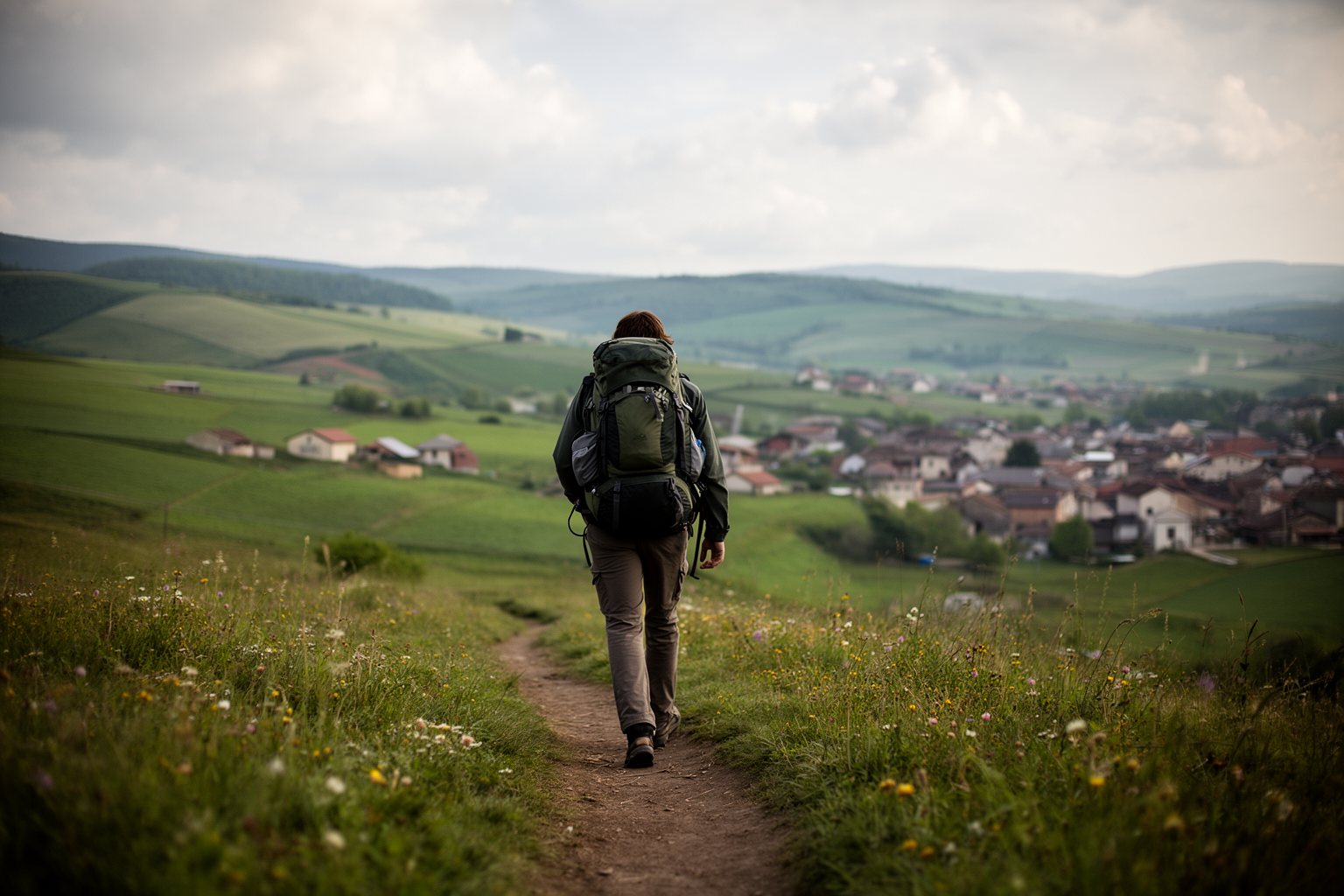 10 Budget-Friendly Backpacker Destinations to Explore Backpacker hiking a dirt trail through rolling green hills on a budget backpacking trip