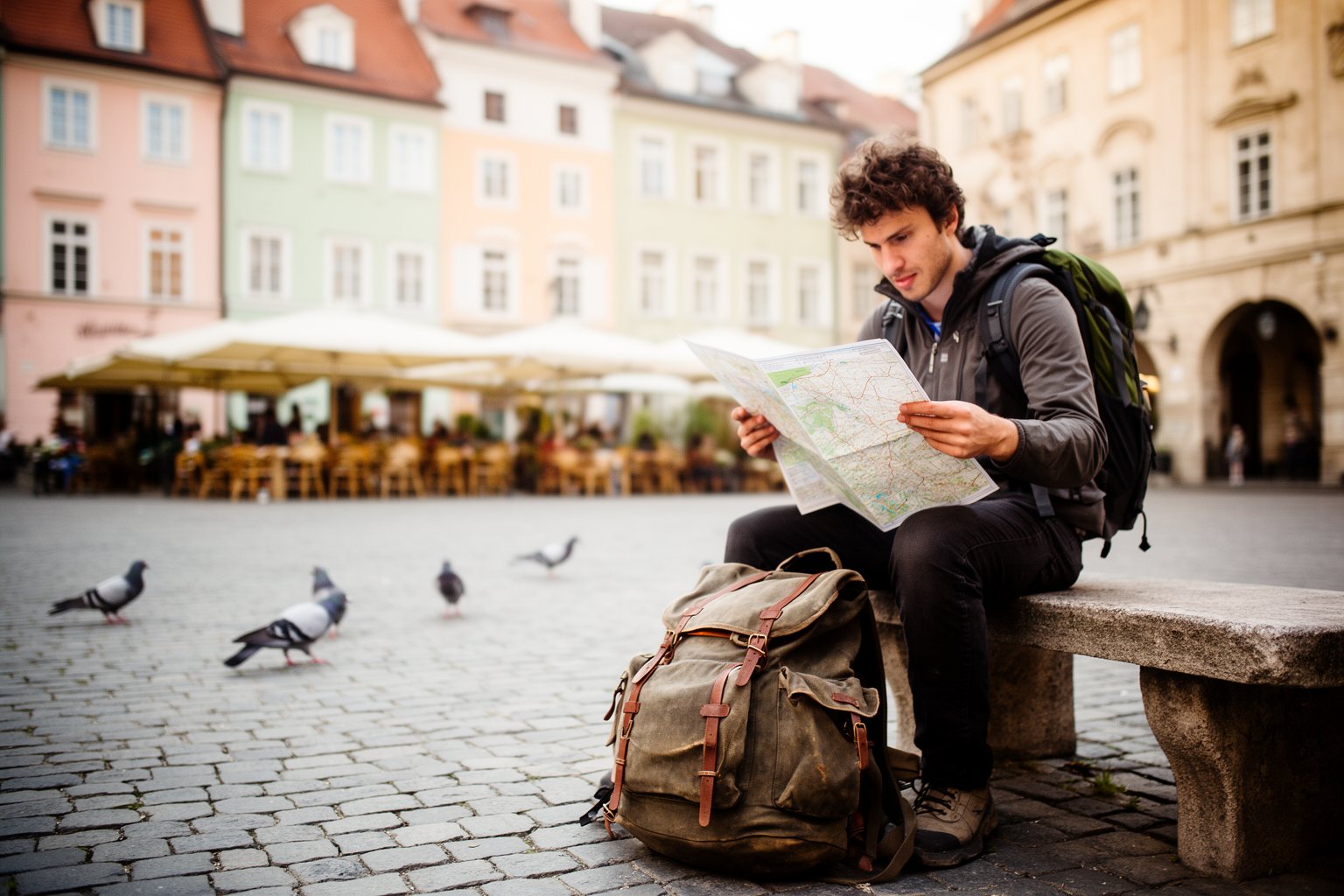 5 Unbelievable Ways to Plan a Trip on a Shoestring Budget Backpacker sitting on a stone bench reading a paper map in a European old town square