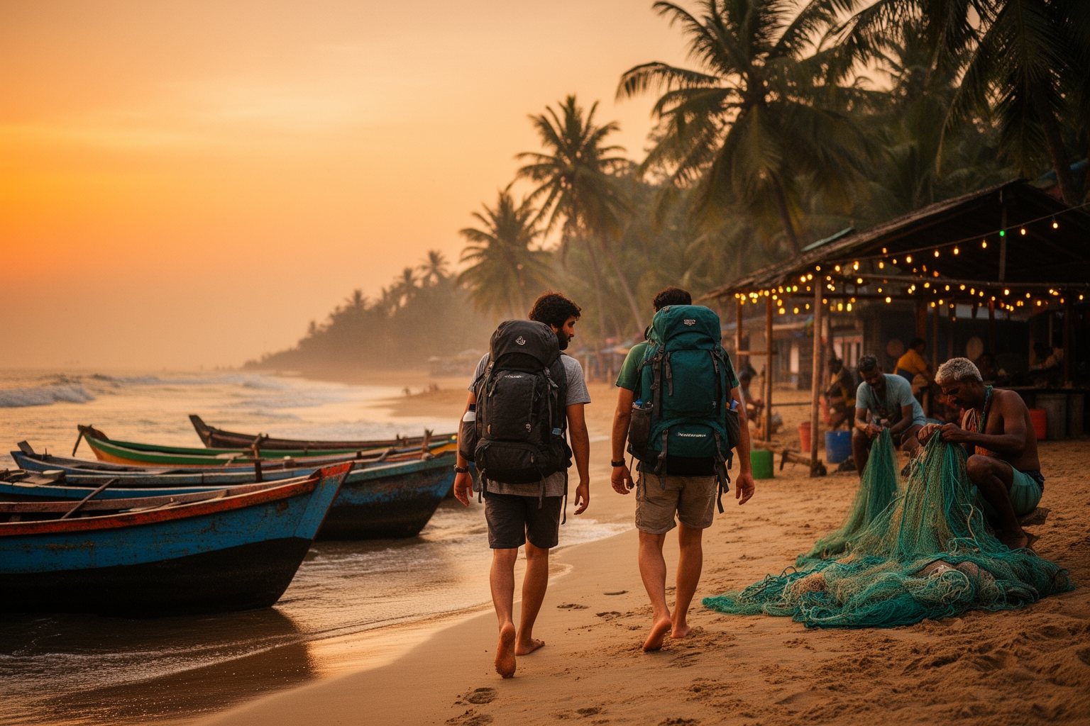 10 Budget-Friendly Backpacker Destinations to Explore Backpackers walking a palm-fringed Goa beach at sunset past fishing boats, a budget-friendly destination