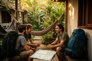 Budget Backpacking Trip: Plan, Pack and Pick a Destination Budget backpackers chatting in a sunny hostel courtyard with hammocks