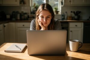 Stock Investments for Beginners: Where to Start Beginner investor researching stock investments at a kitchen table