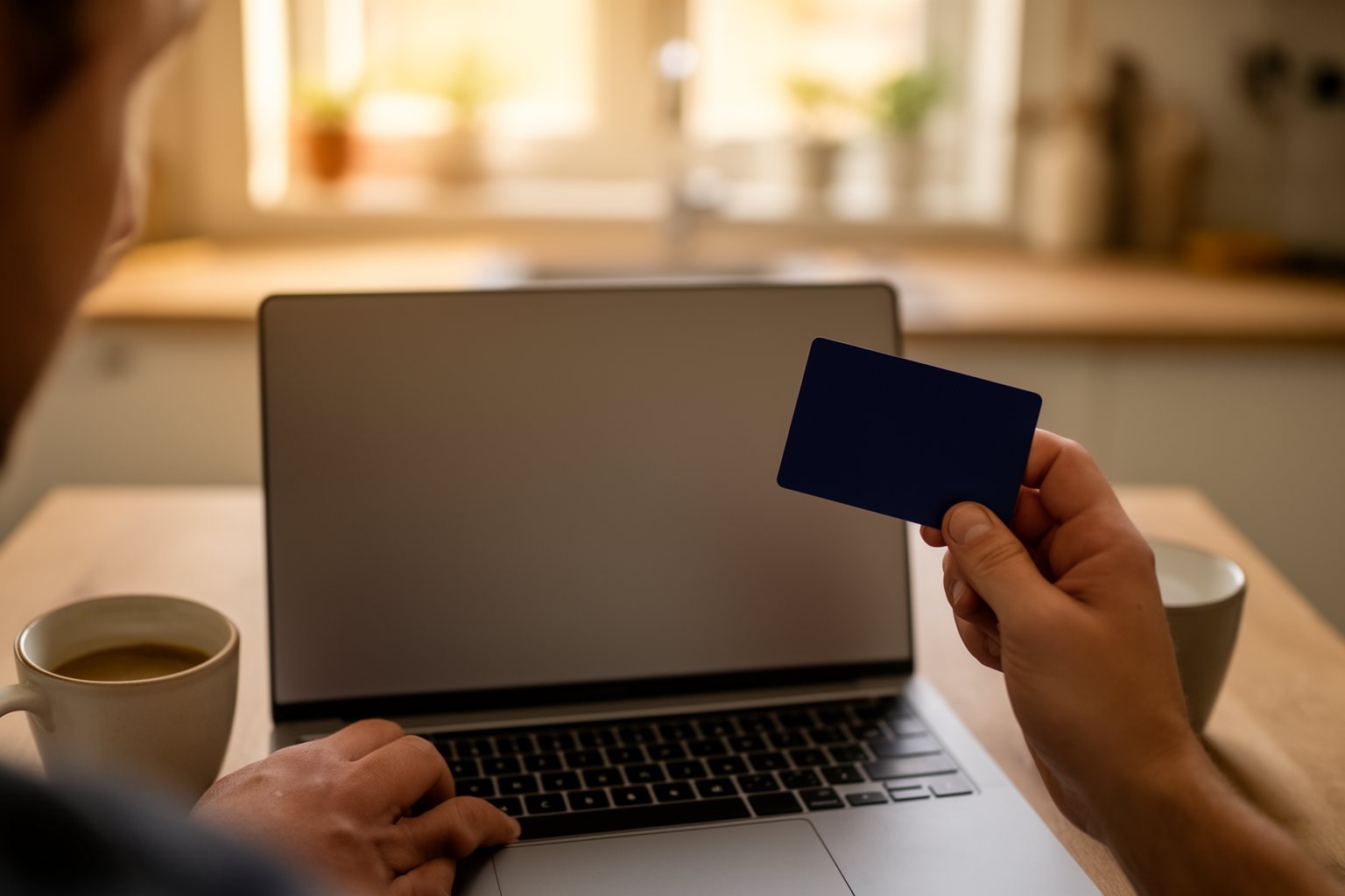 Person holding a credit card while booking a flight on a laptop at home