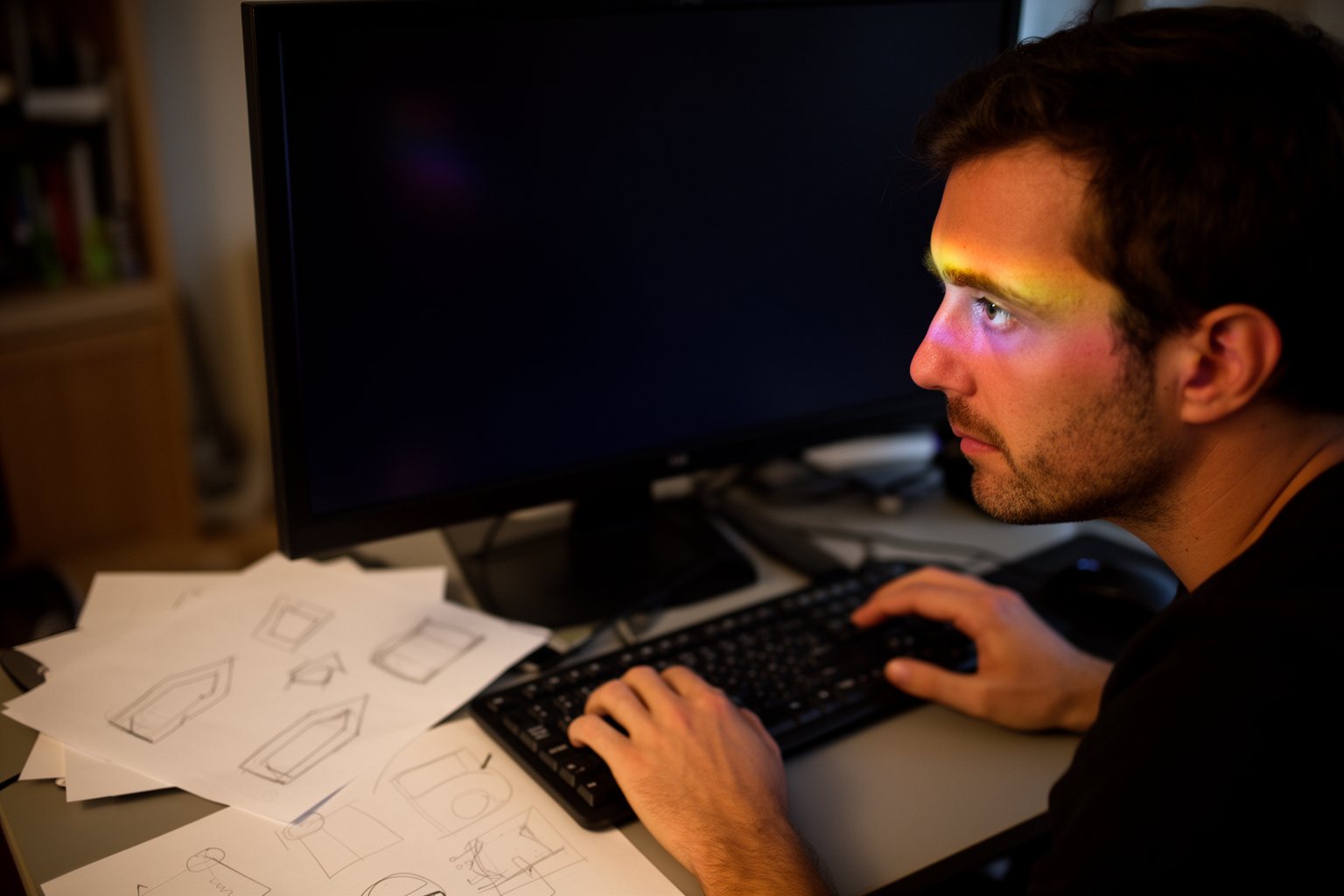 Minecraft vs Roblox: The Ultimate Showdown Young man designing his own game level in a game editor on a large monitor