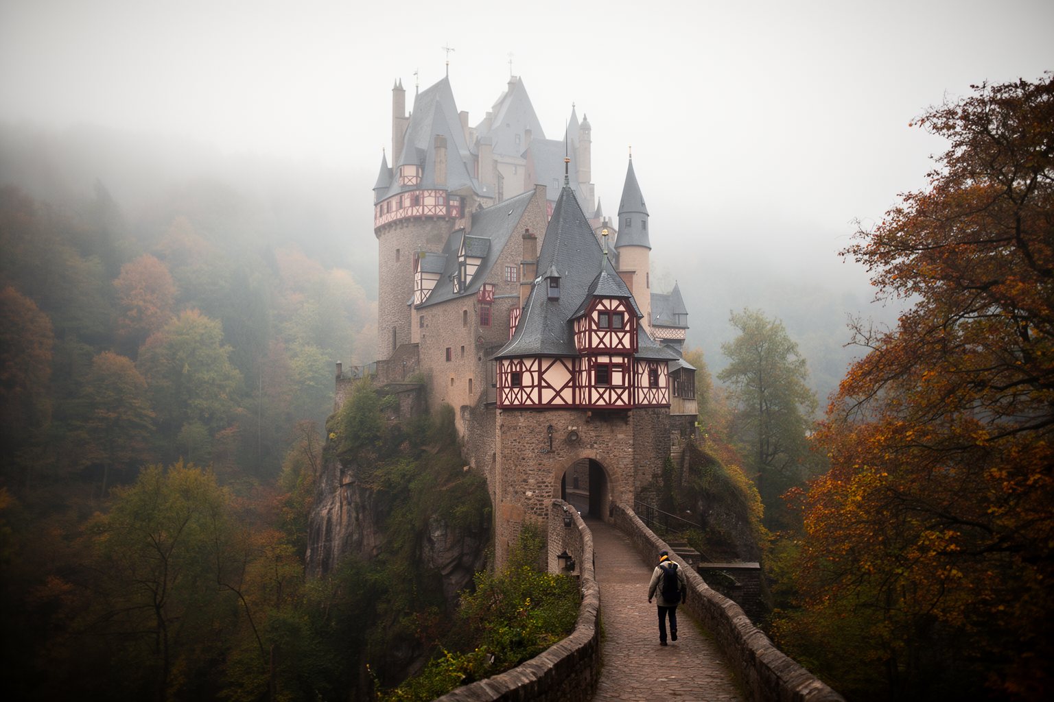 10 Unmissable Historical Sites in Europe You Didn't Know Existed! Burg Eltz castle with its towers and half-timbered upper floors rising from a misty forested valley
