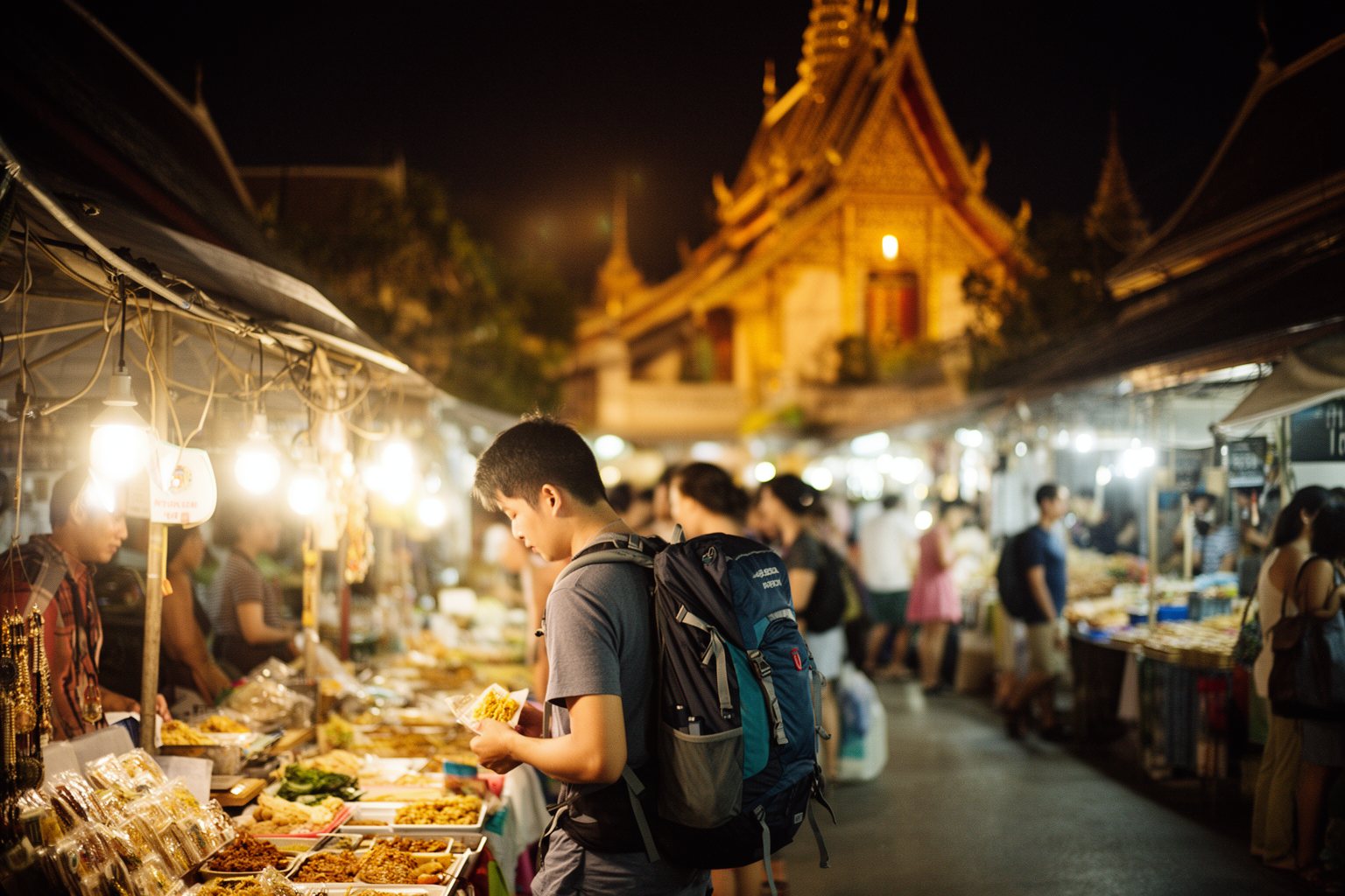 Budget Backpacking Trip: Plan, Pack and Pick a Destination Backpacker browsing a night market in Chiang Mai's old city, a favourite with budget backpackers