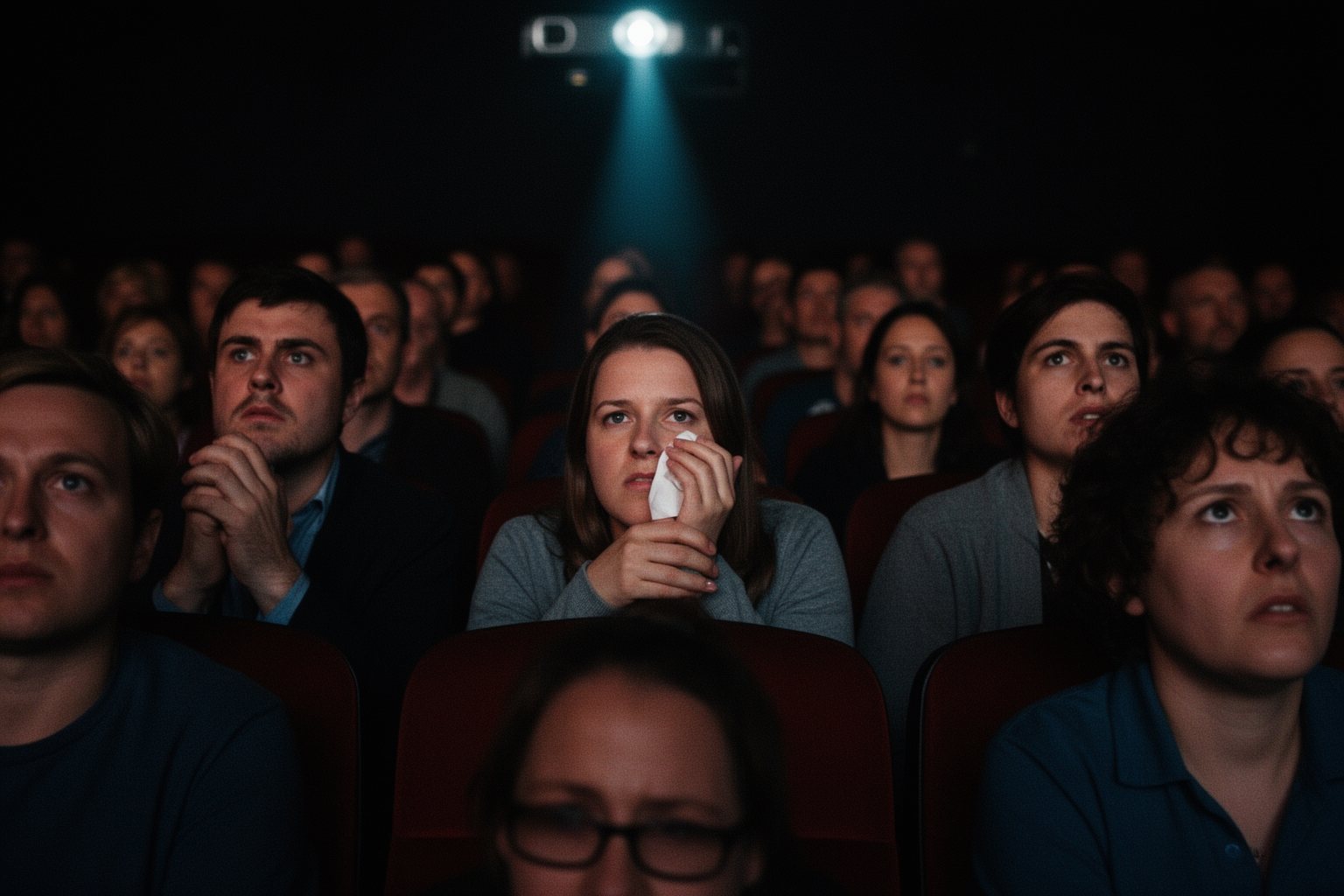 A Symphony of Emotions: The Invisible Power of Music in Film Cinema audience faces lit by the screen, visibly moved during an emotional film score