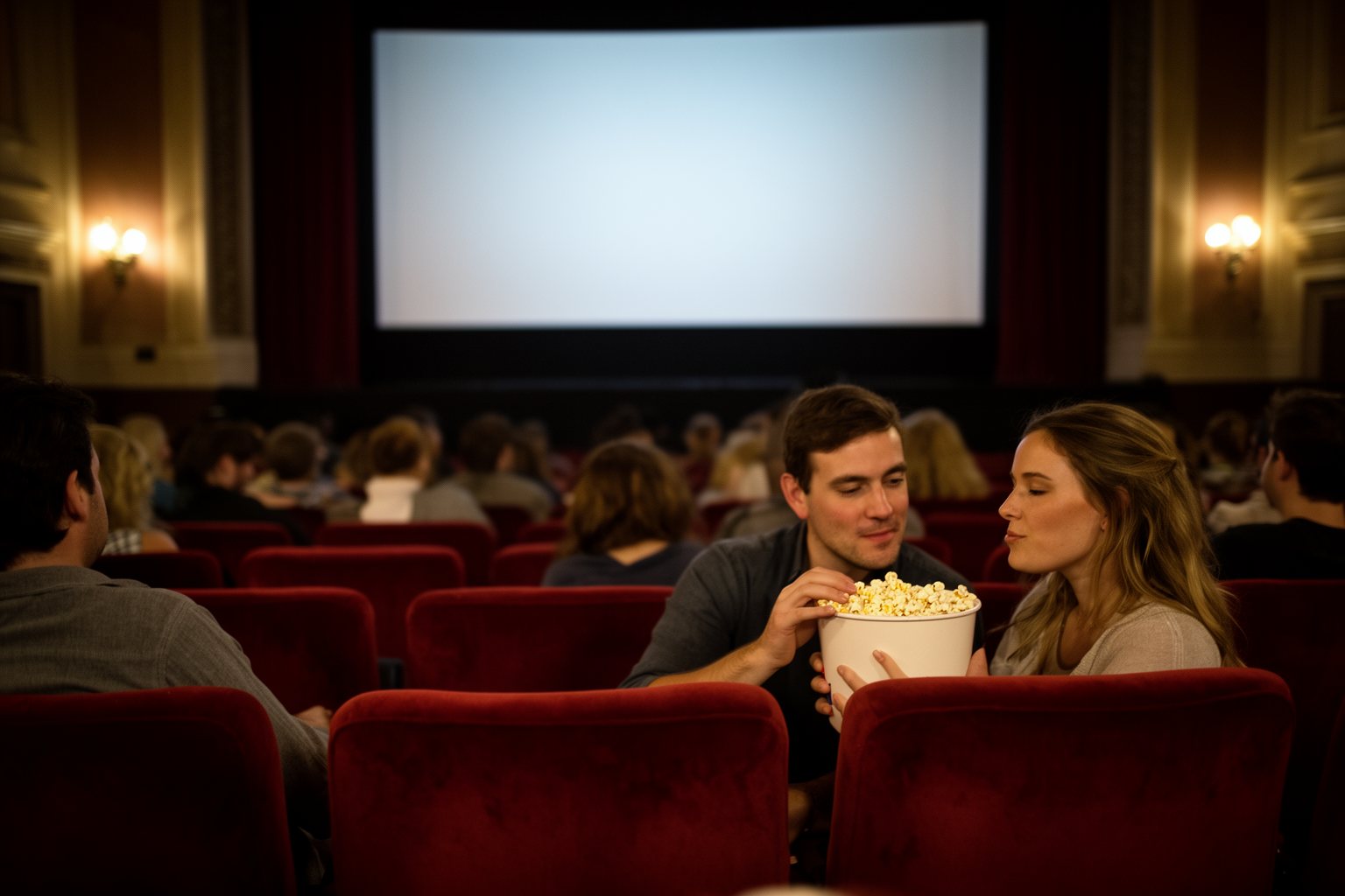 A Symphony of Emotions: The Invisible Power of Music in Film Audience settling into red seats as the house lights dim in a classic cinema before the film