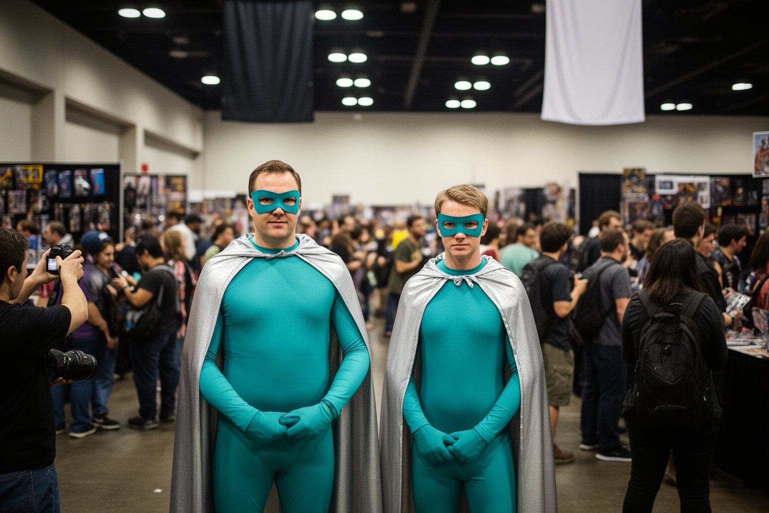 Unmasking Marvel: The Unexpected Evolution of Superhero Cinema Costumed superhero cosplayers at a busy comic convention, part of the evolution of superhero cinema