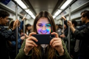 Young woman playing a mobile game on her phone during a busy subway ride, commuters around her