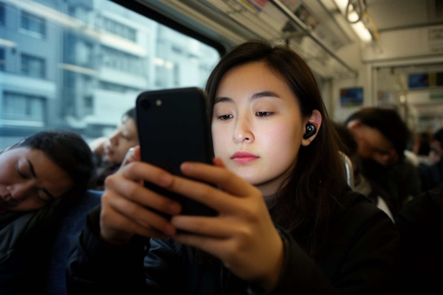 Streaming vs Traditional Television: Who Is Winning? Commuter watching a streamed show on a phone with earbuds on a morning train