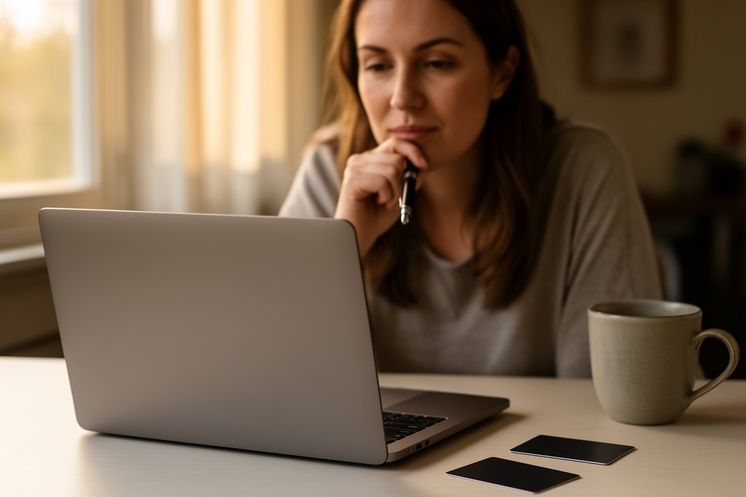 Person comparing credit card reward programs on a laptop at a desk