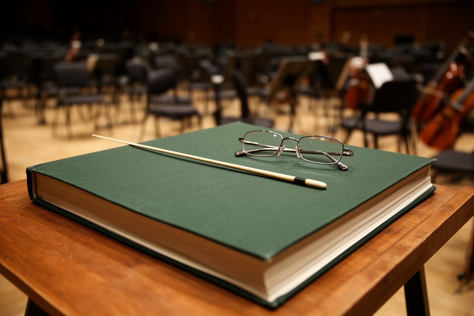 A Symphony of Emotions: The Invisible Power of Music in Film Conductor's baton and reading glasses resting on an orchestral score on a music stand