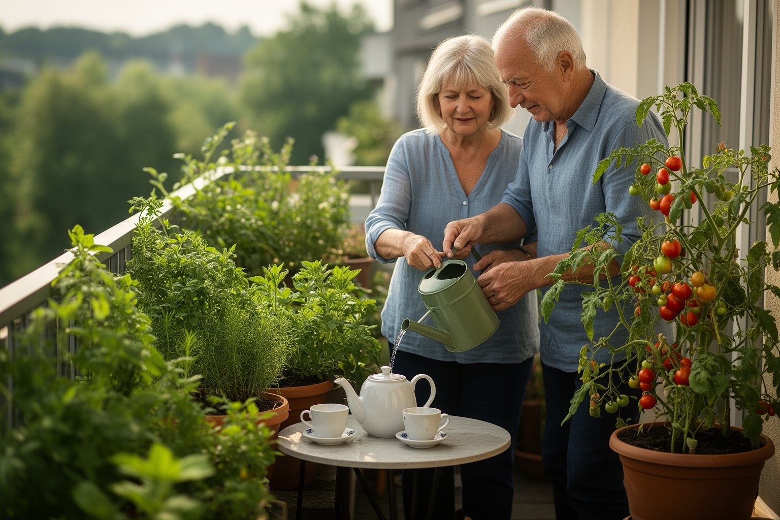 Stock Investments for Beginners: Where to Start Older couple tending a balcony garden, a quiet image of patient long-term investing