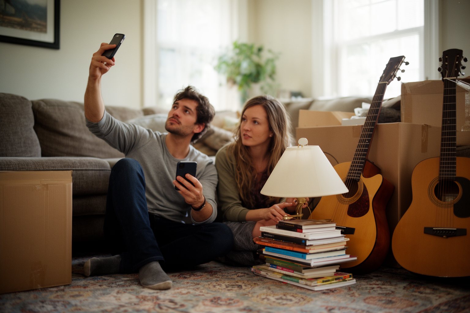 Couple photographing unused items to sell and save for vacation