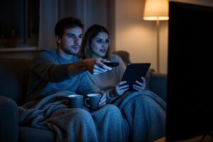 Streaming vs Traditional Television: Who Is Winning? Couple on a sofa at night picking a show to stream on a smart TV, remote and tablet in hand