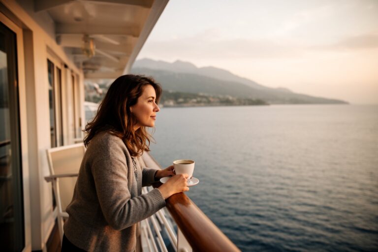 Living the Dream: Life Aboard a Cruise Ship Uncovered! Woman with coffee on a cruise ship balcony at sunrise, everyday life aboard a cruise ship