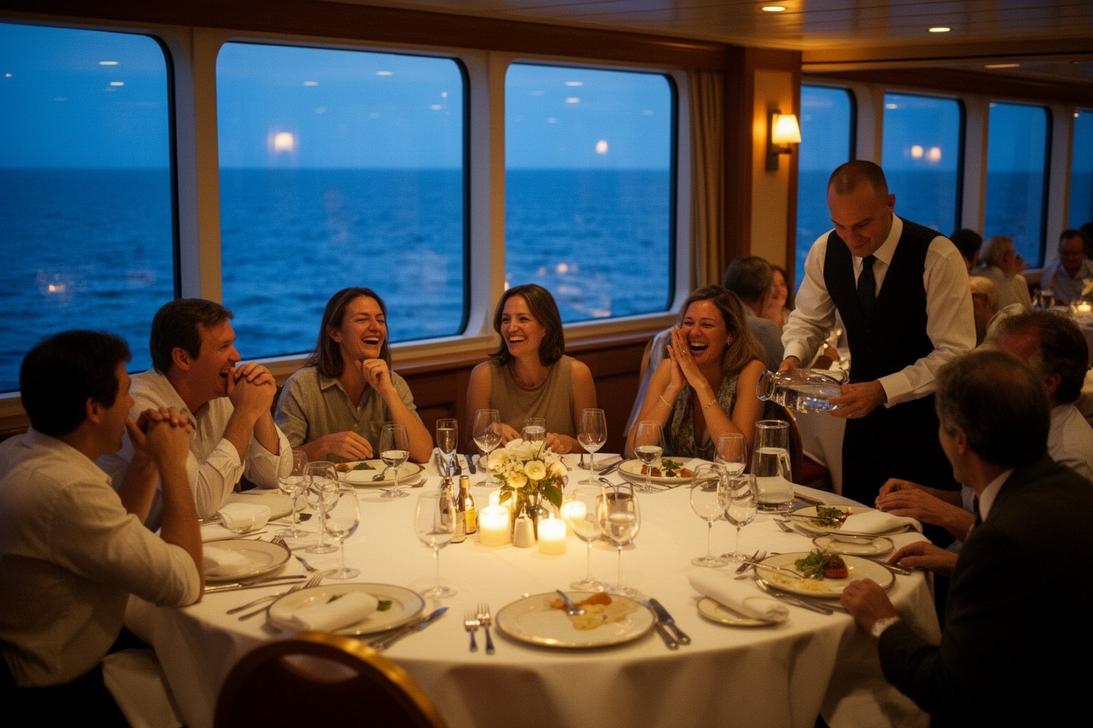 Living the Dream: Life Aboard a Cruise Ship Uncovered! Passengers laughing over a shared dinner in a cruise ship dining room