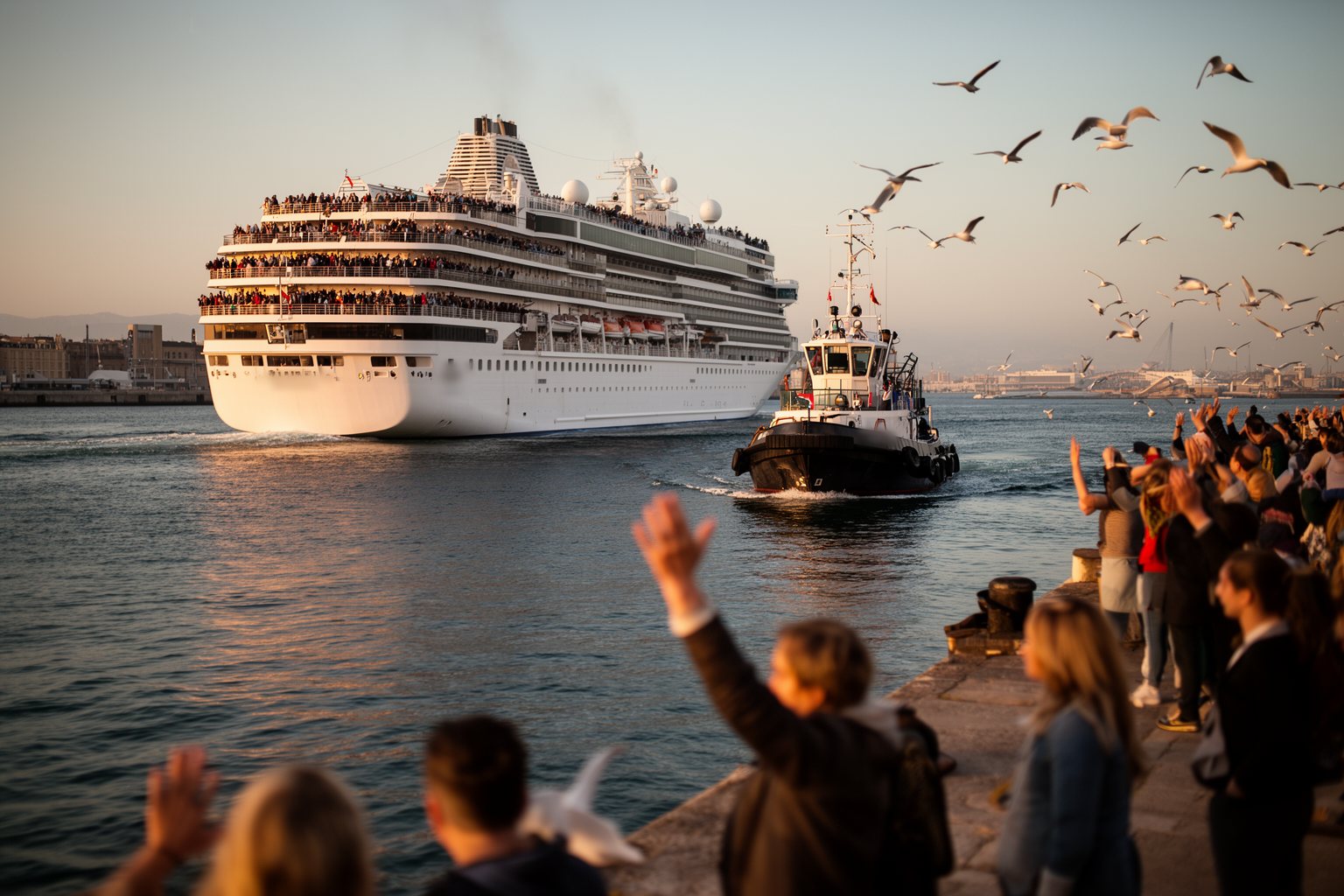 Living the Dream: Life Aboard a Cruise Ship Uncovered! Cruise ship leaving harbour with passengers lining the decks