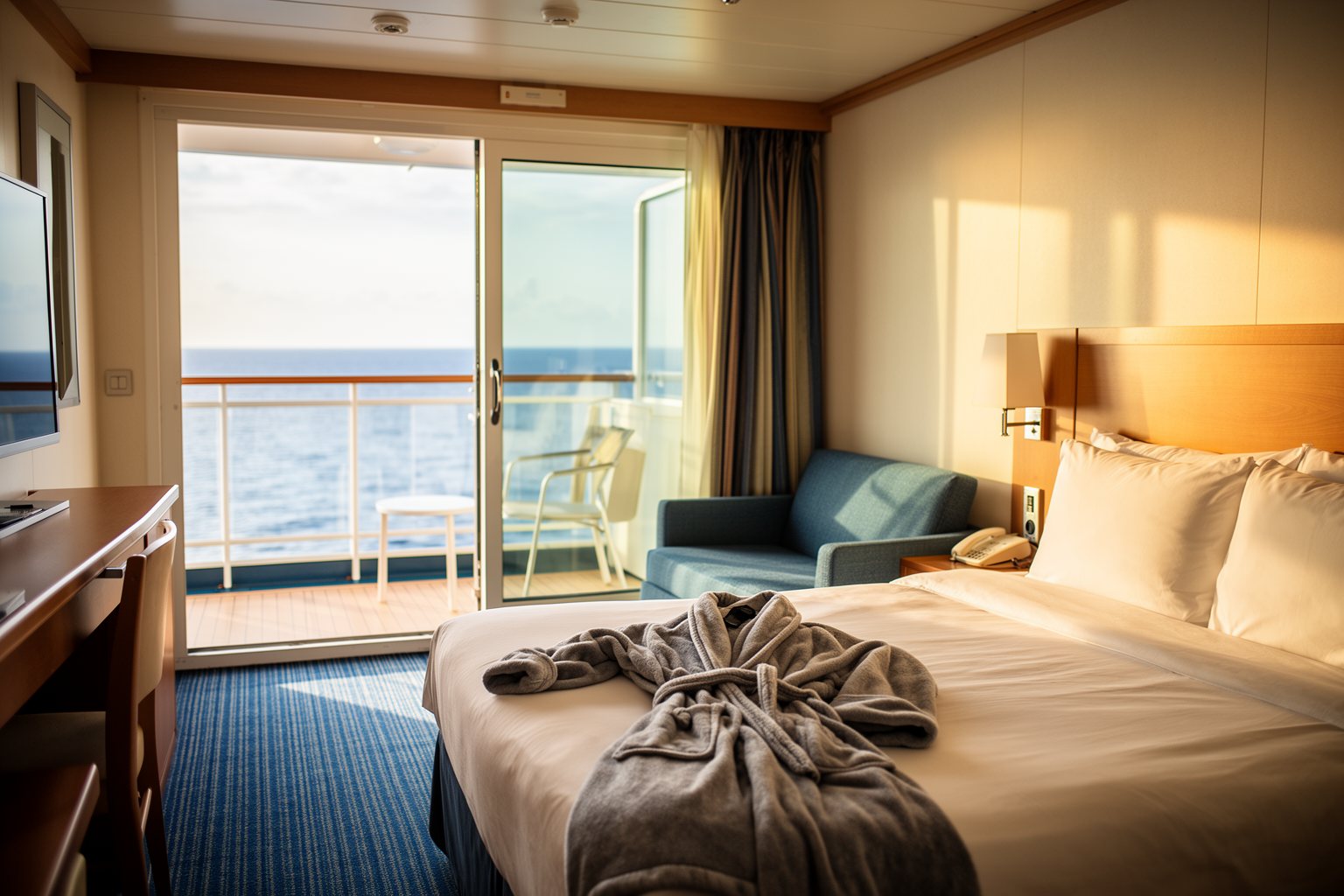Living the Dream: Life Aboard a Cruise Ship Uncovered! Bright cruise ship stateroom with sliding doors to a private balcony and the sea