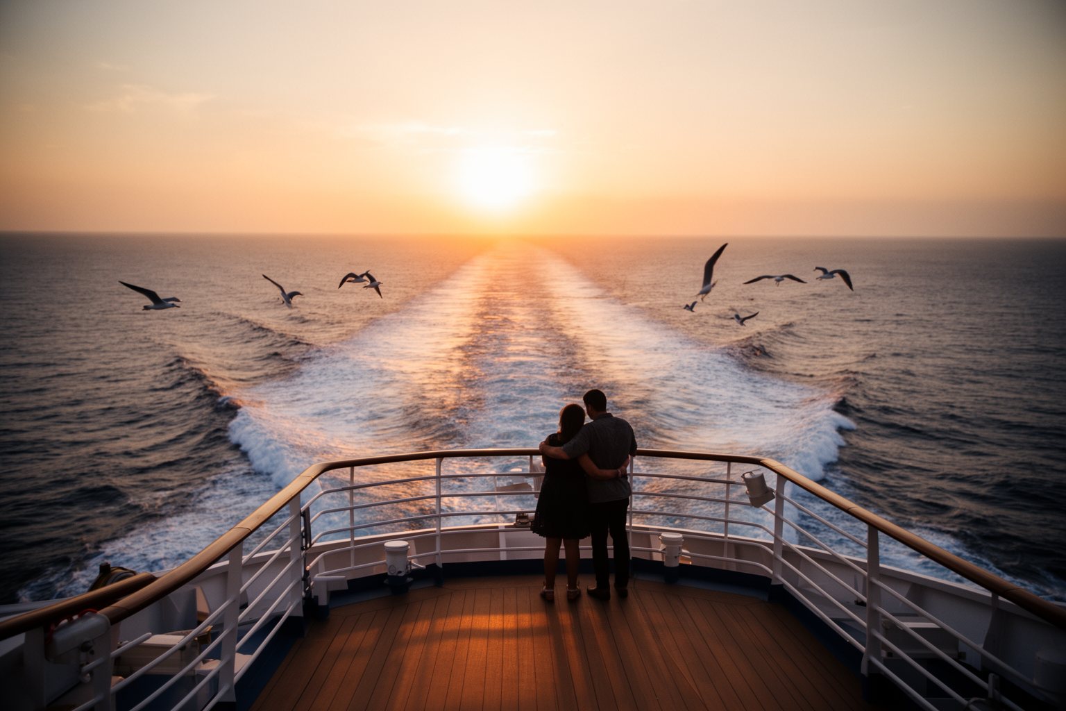 Living the Dream: Life Aboard a Cruise Ship Uncovered! Two passengers at the stern of a cruise ship watching the wake at sunset
