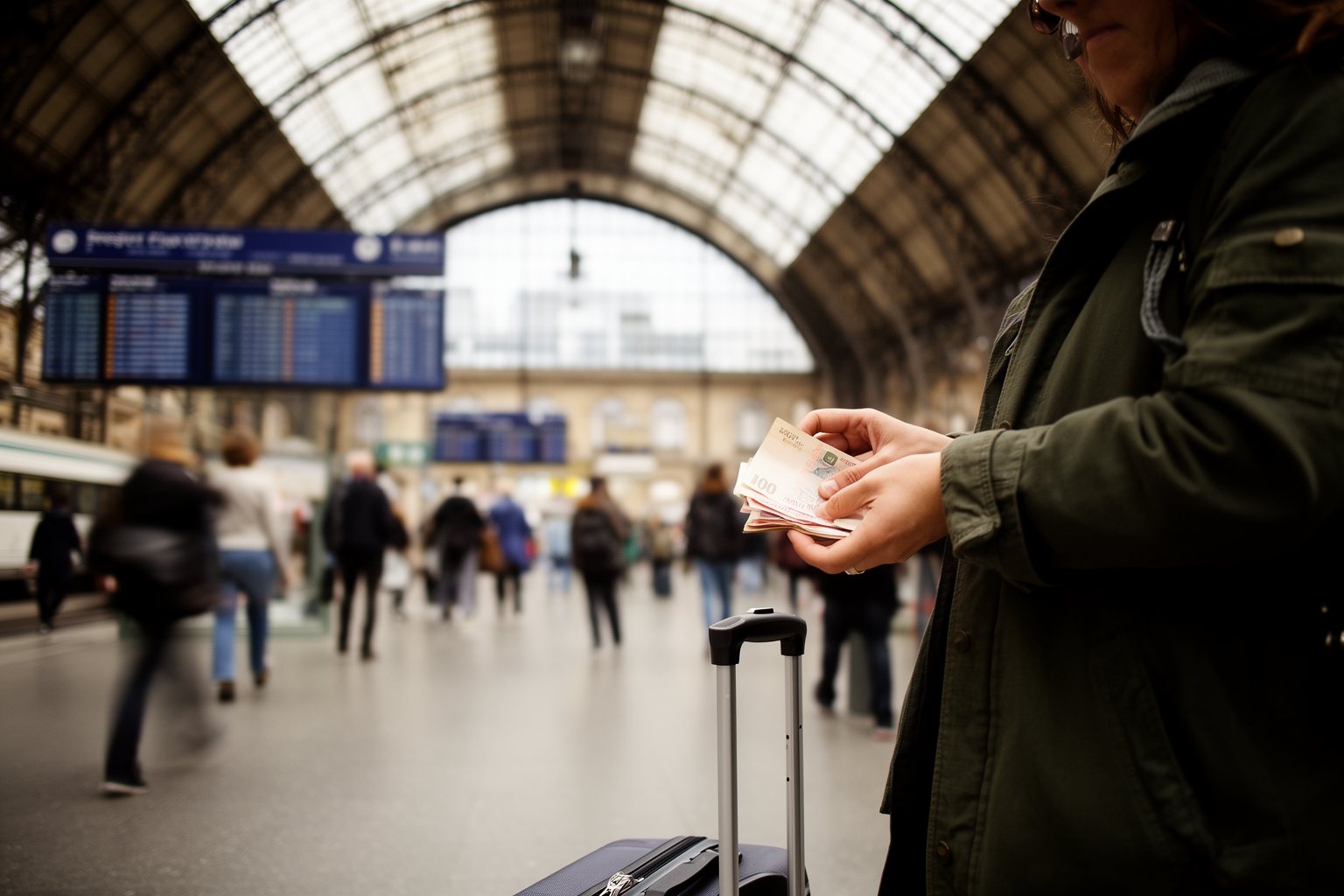 Managing Finances Abroad: A Practical Money Guide Traveler counting foreign banknotes under the glass roof of a busy European train station